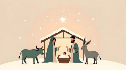 Minimalist nordic calm style Christmas nativity illustration with Baby Jesus in the manger, Mary, Joseph, ox and donkey under the stable roof, glowing Bethlehem star and serene festive atmosphere