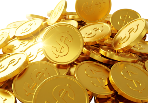 A large pile of shiny gold coins with dollar signs scattered across a transparent background isolated on transparent background