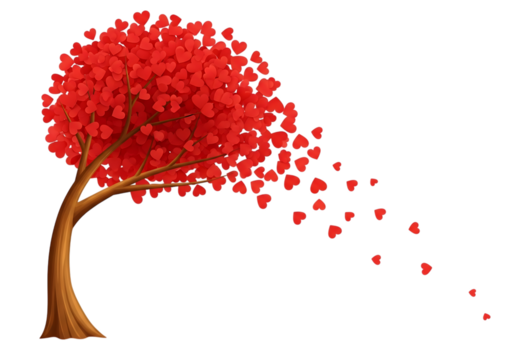 Whimsical red heart shaped leaves blowing off a stylized tree isolated on transparent background - Powered by Adobe