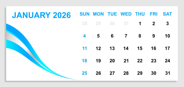Editable January 2026 Calendar Template – Modern Blue Wave Minimal Vector Design