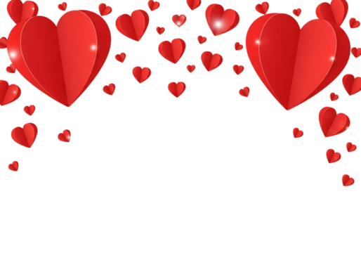 Two large red paper hearts with many small red hearts scattered around isolated on transparent background