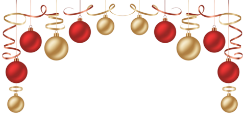 Christmas ornaments and gold streamers isolated on transparent background for decoration