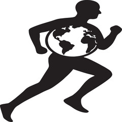 Silhouette of a running figure with a globe integrated into the torso, symbolizing global health, fitness, and unity through movement in a minimalist black and white design.