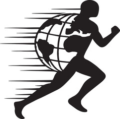 Silhouette of a running figure with a globe integrated into the torso and motion lines trailing behind, symbolizing global connectivity, speed, and international unity through athleticism.