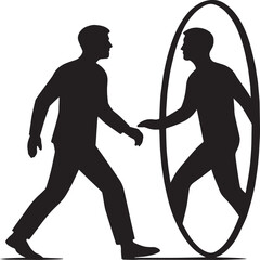 Silhouette of a person walking toward an oval-shaped portal with their reflection emerging from it, symbolizing introspection, alternate realities, and metaphysical transitions.