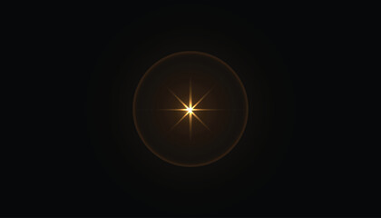 Golden starburst lens flare with circular halo on black background – glowing cross light, minimal futuristic abstract backdrop