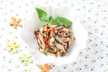 A Korean-style side dish made with shiitake mushrooms stir-fried in soy sauce and sesame oil for a savory and delicate flavor. Created by Master Chef Hanshunseop. Photographed in Korea.