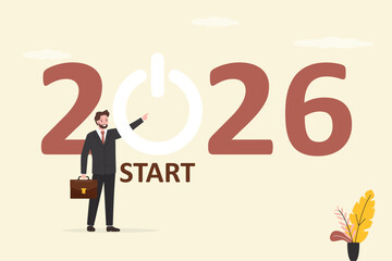 Confident businessman pushing start button to start up new business in 2026. Launch start up company in 2026, improvement, change management. Business development.