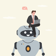 Artificial intelligence and the future of work. AI chatbot help businessman. Male employee sitting on multitasking robot. Bot to support in tasks