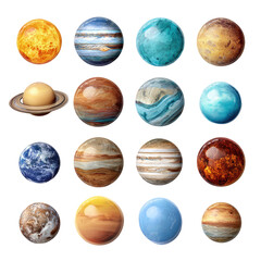 Grid of stylized planets, various colors and textures