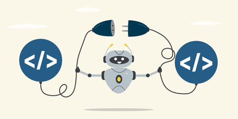 Robot connect sockets between coding program. Chat bot help coding and development app. API, application programming interface to connect between software,