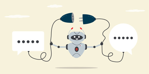 Robot connect socket between texting message. Discussion, conversation, meeting, colleague chatting, opinion. AI chat bot help solving problem or overcoming obstacles.