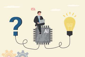 Artificial Intelligence to help solving problem. Innovation to develop idea, solution. AI chat bot support or advice concept, businessman on AI chip help solving problem