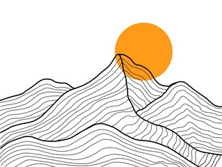 Minimalist Mountain Landscape with Orange Sun – Abstract Line Art Illustration