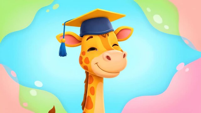 Animated giraffe character in graduation cap against colorful backdrop
