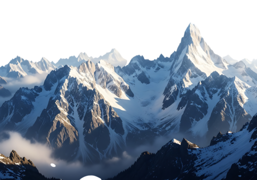 Majestic snow covered mountain peaks with clouds and mist isolated on transparent background