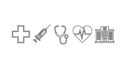 Medical icons depicting healthcare symbols cross syringe stethoscope heart and hospital