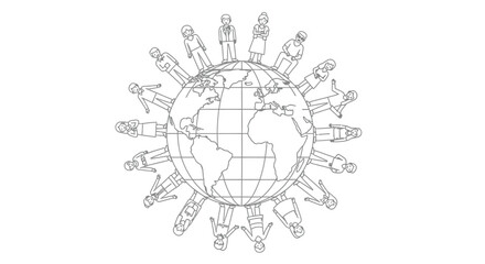 People holding hands encircling the planet earth in a wireframe drawing