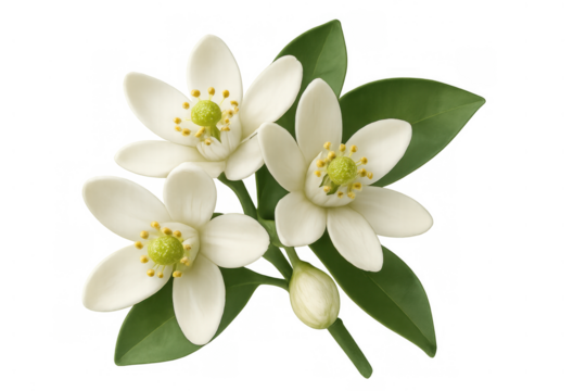 Orange blossom flowers blooming on a branch with green leaves, a delicate bud developing, transparent background