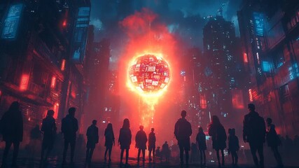 Futuristic cityscape with glowing orb and silhouettes - Powered by Adobe