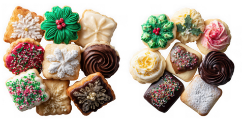 Assortment of festive christmas cookies with colorful icing and sprinkles, isolated on transparent background
