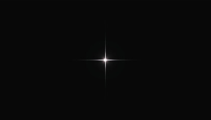 Minimal white starburst lens flare on black background – glowing cross light with subtle halo; cosmic sparkle, lighting effect, abstract backdrop