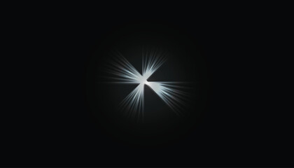 Silver starburst light with dynamic rays on black background—glowing cross flare, minimal futuristic lighting effect abstract backdrop