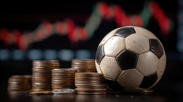 Soccer ball and coins with blurred market chart