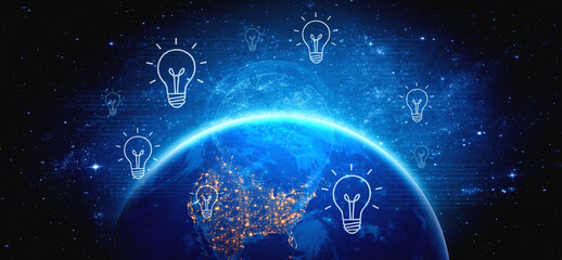 Concept of global innovation and shared knowledge. A network of creative ideas and brainstorming from around the world leads to new business solutions and bright insights. Fermion