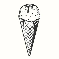 A delicious looking monotone vanilla ice cream cone has sweet sauce drizzled on top