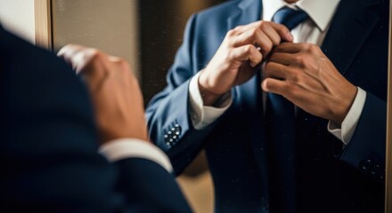 A confident man preparing himself by adjusting his tie in the mirror before an important event