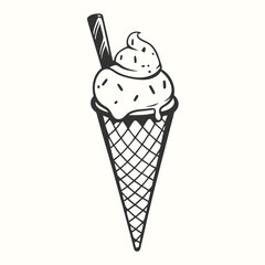 A handdrawn ice cream cone complete with waffle, topping and chocolate stick