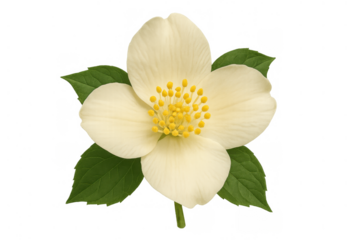 Jasmine flower blooming with green leaves, fresh white petals and yellow pistils, isolated on transparent background