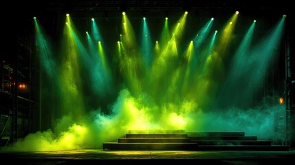 Empty theater stage with dramatic green lighting and smoke effects