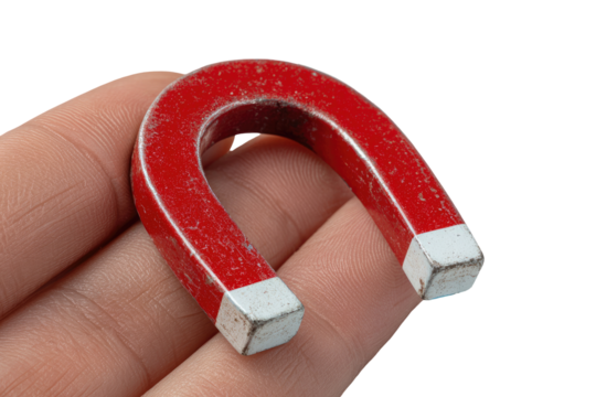 A small, red horseshoe magnet held in a hand.  The magnet shows signs of wear, with faded color and slightly rough edges.  The hand is light-skinned, and the focus is on the magnet
