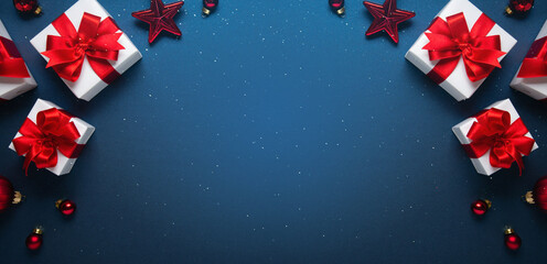 Naklejka na ściany i meble Merry Christmas and Happy Holidays greeting card, frame, banner. New Year. Noel. Red and white Christmas decorations and gifts on blue background top view. Winter xmas holiday celebration theme.