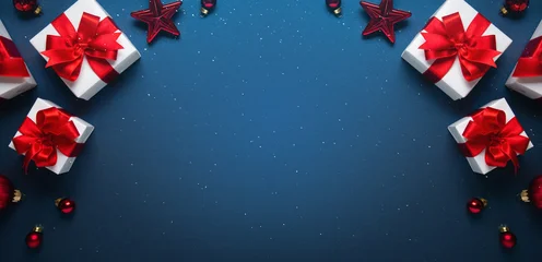 Gardinen Musik Merry Christmas and Happy Holidays greeting card, frame, banner. New Year. Noel. Red and white Christmas decorations and gifts on blue background top view. Winter xmas holiday celebration theme.  © elenabdesign