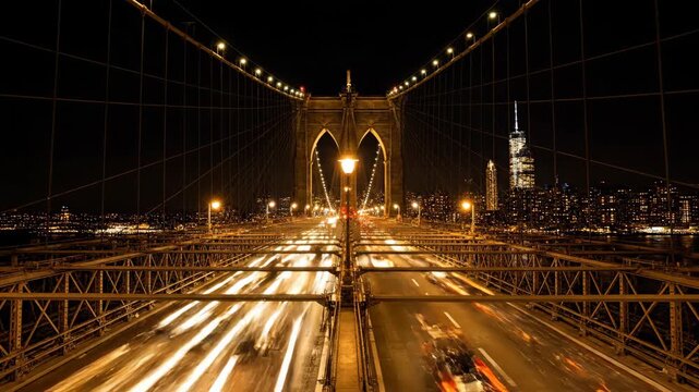 Nighttime bridge perspective illuminated city lights transportation architecture