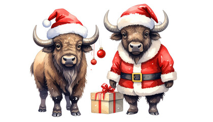 Festive buffalo wearing Santa costume dual variation set isolated on transparent background