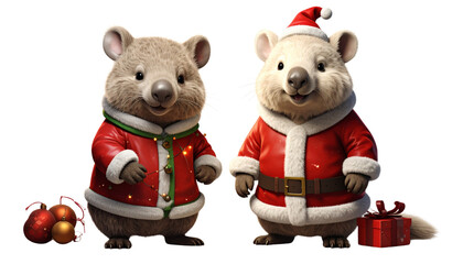 Cute Christmas wombat pair in Santa suit isolated on transparent background
