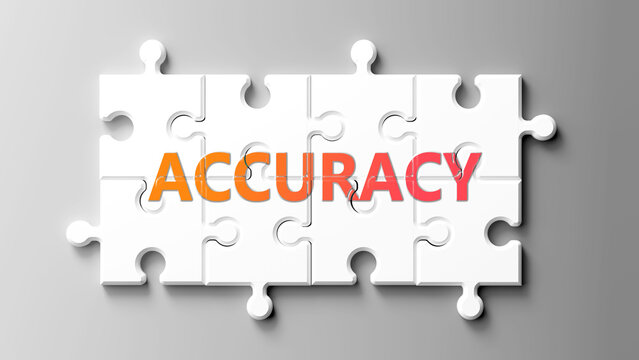 Accuracy complex like a puzzle - pictured as word accuracy on a puzzle pieces to show that accuracy is complex and needs cooperating pieces that fit together. ,3d illustration