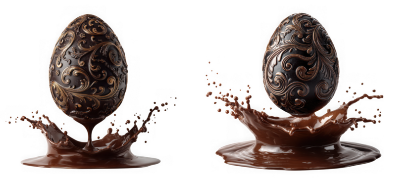 Two ornate dark chocolate easter egg with intricate patterns splashing into liquid chocolate isolated on transparent background - Powered by Adobe