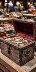 Open antique chest filled with vintage jewelry and trinkets on wooden table