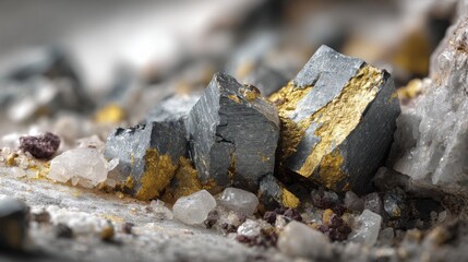 A detailed shot of rare earth element Ytterbium in its natural mineral form, showing metallic-gray chunks with yellowish tint from surface oxidation
