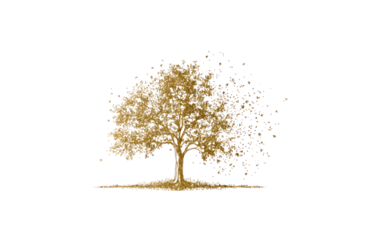 Abstract tree graphic, golden-tan color, textured leaves and trunk, on black background