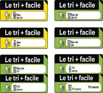Set of french recycling labels isolated on white background, featuring le tri facile and icons for sorting waste, promoting environmental awareness