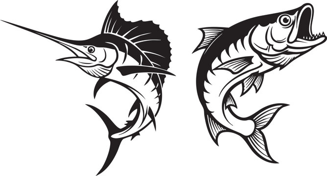 Billfish and Game Fish Emblems Marlin/Sailfish and Bass, Black and White Vector