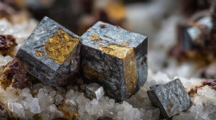 A detailed shot of rare earth element Ytterbium in its natural mineral form, showing metallic-gray chunks with yellowish tint from surface oxidation
