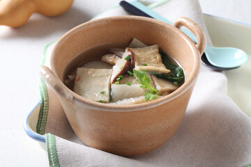 A Korean-style soup made with shiitake mushrooms, fish cake, and vegetables simmered in light anchovy broth for a savory and comforting flavor. Created by Master Chef Hanshunseop