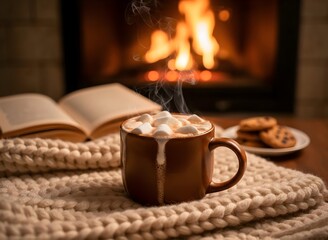 Cozy Winter Evening Hot Chocolate with Marshmallows and Cookies sided by a Open Book by the Fireplace